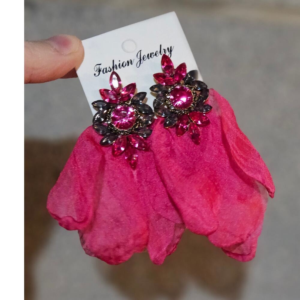 🦄 Fairy Goddess Fuchsia Fabric Flower Petal Dangle Earrings w Rhinestone Accent